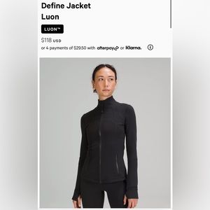 Define Jacket LUON Size 2 equal to a XS or S, very lightly worn. 4 way stretch.